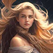Portrait of a young woman with long blonde hair flowing in the wind, softly illuminated with a gentle expression