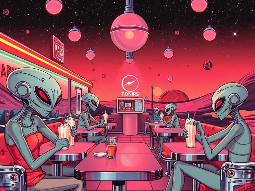 A retro diner on Mars, with alien patrons enjoying cosmic milkshakes