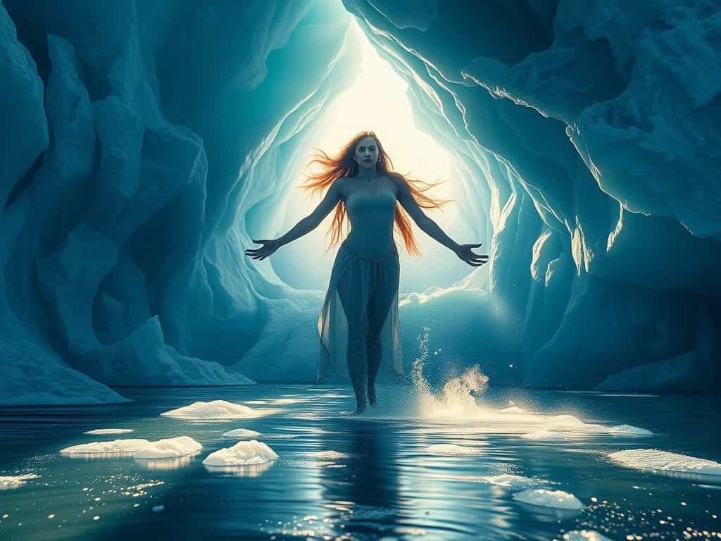 A mystical magical figure, breaks through a glacial ice sheet with sheer force. Sunlight casts long shadows across the frozen landscape in hues of blues, greens, and whites.