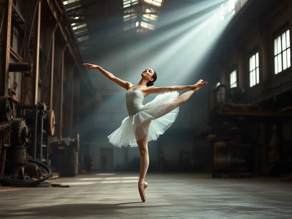 Professional ballet dancer performing in an abandoned industrial warehouse, surrounded by rusty machinery and soft light beams