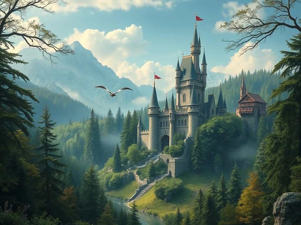 dreamy wonderland with lush magical forests and enchanting castle