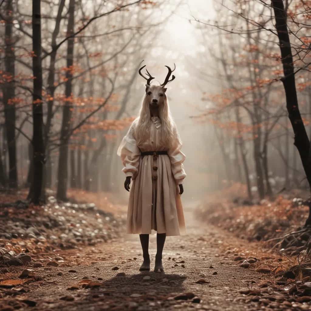 A humanoid deer with antlers, in a vintage cream dress, standing on a misty autumn forest path with soft light filtering through leafless trees