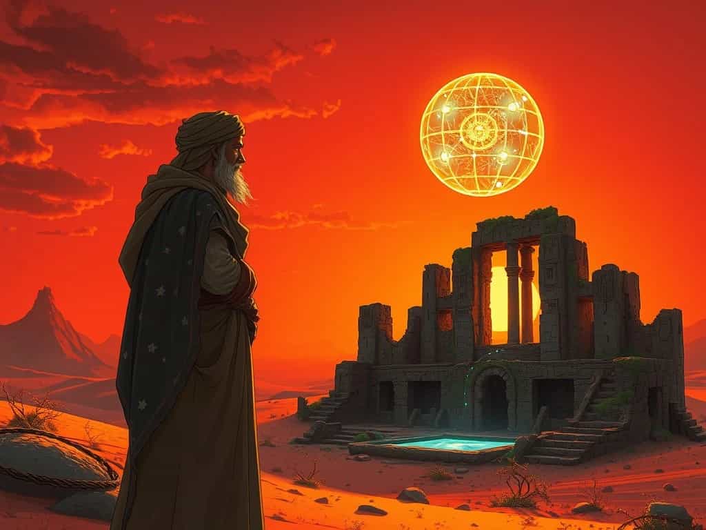 Desert nomad using solar-powered technology to harvest water from the air, with ancient ruins in the background