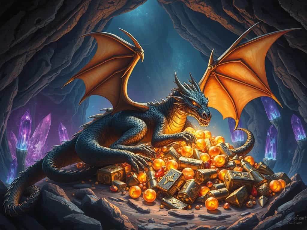 A dragon lounging on a pile of sparkling treasure inside a cavern filled with glowing crystals.