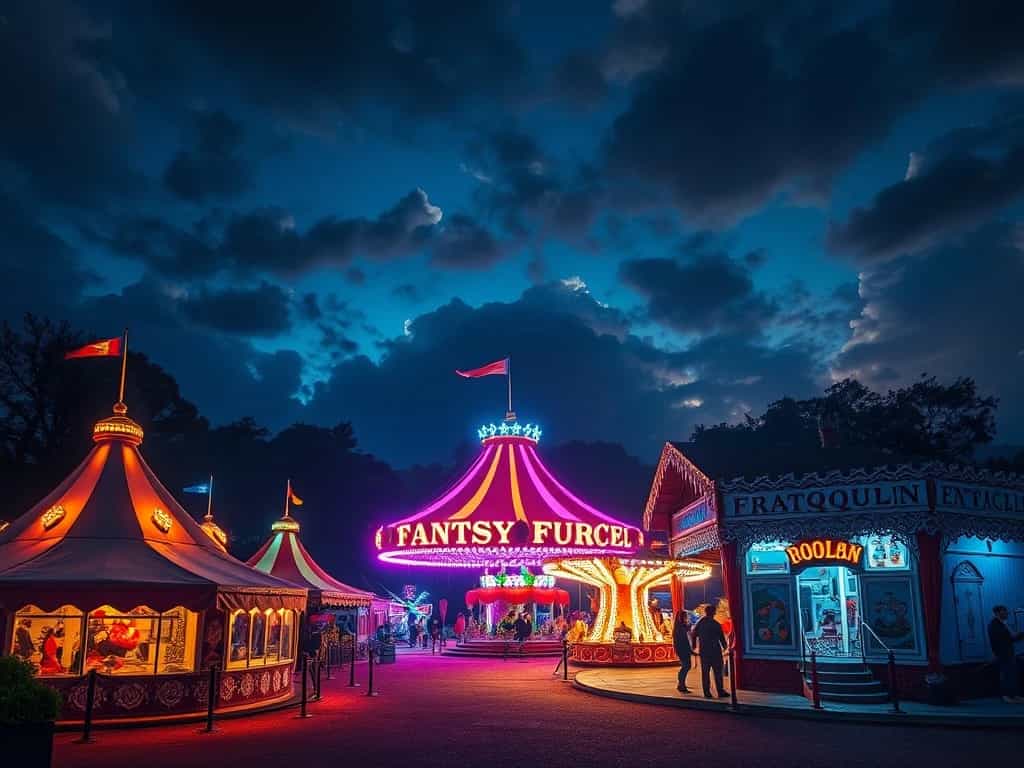 A fantasy fairground at night, illuminated by colorful lights and filled with magical rides