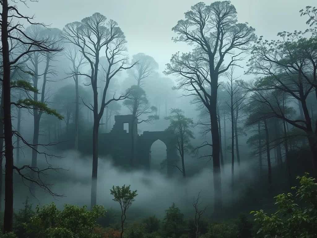 A mysterious forest with fog rolling in and ancient ruins peeking through the trees