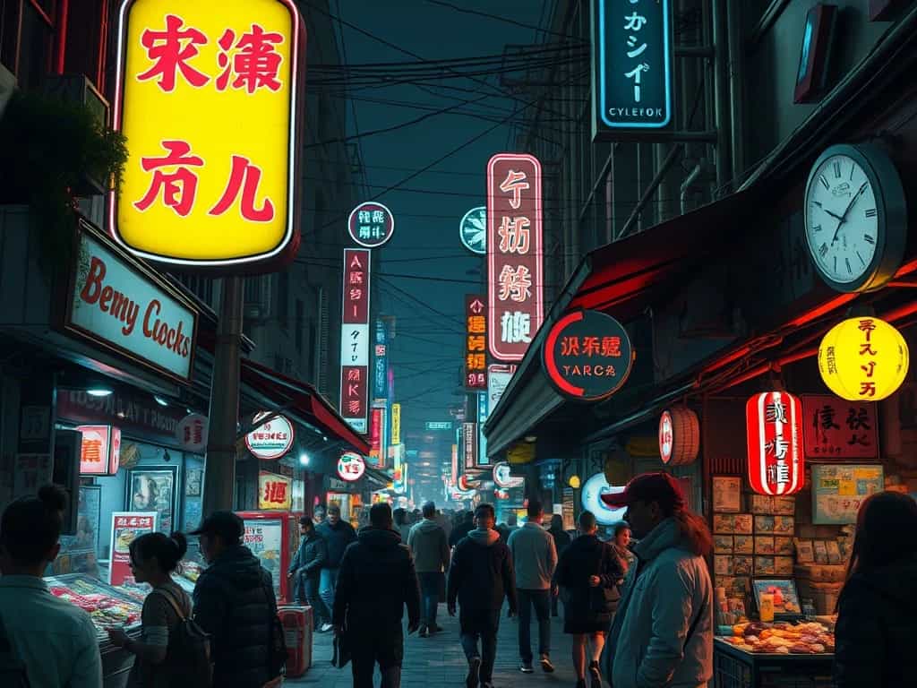 A cyberpunk street market bustling with neon signs and diverse characters