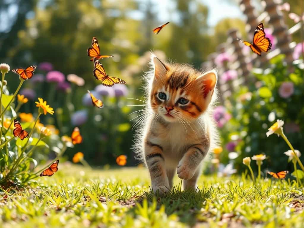 A playful kitten chasing butterflies in a sunlit garden.