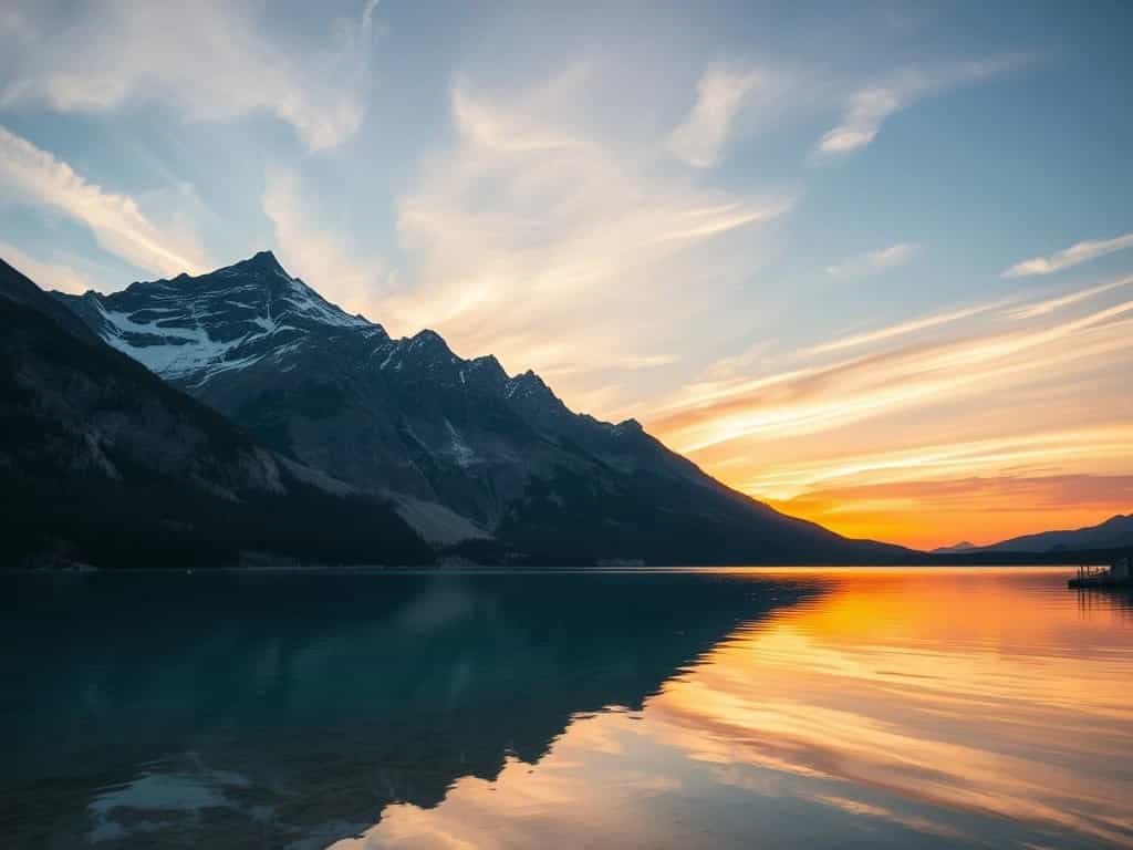 A serene mountain landscape at sunset, with a clear lake reflecting the colors.