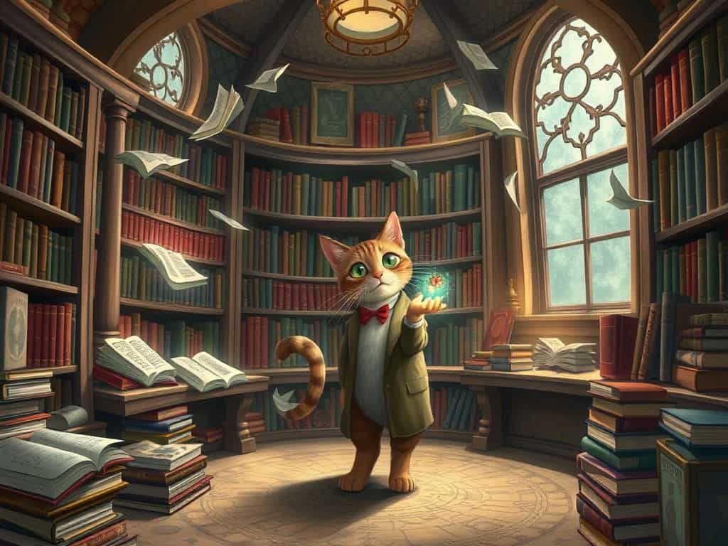An enchanted library with floating books and a magical cat as the librarian