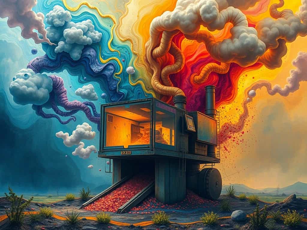 Abstract machinery that harvests dreams and distills them into physical landscapes of impossible colors beyond human perception