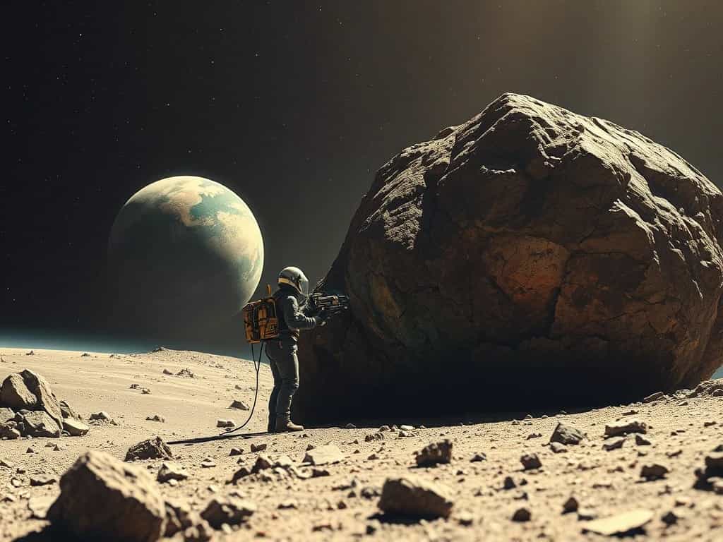 Space mining engineer on an asteroid, using robotic equipment to extract rare minerals, Earth visible in the distance