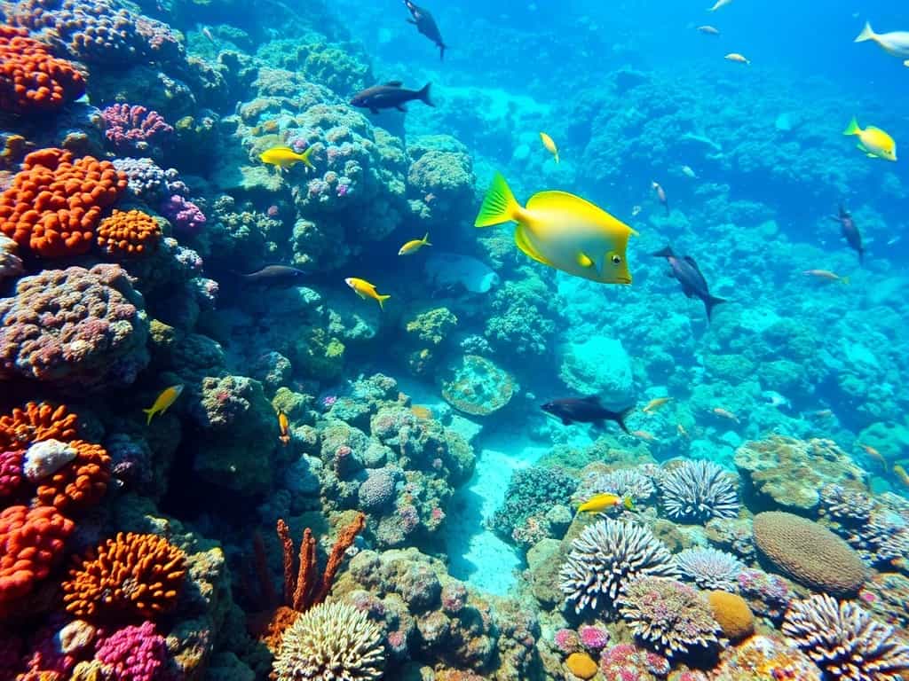 A vibrant underwater scene with colorful coral reefs and exotic fish