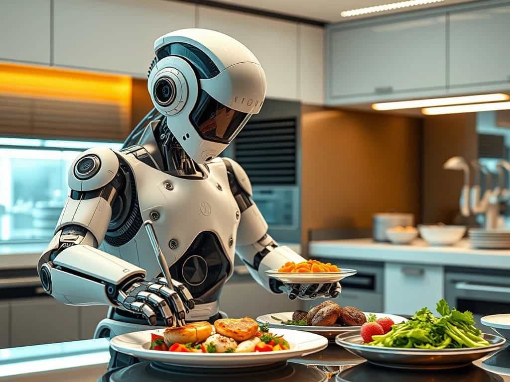 A futuristic robot chef preparing gourmet meals in a high-tech kitchen