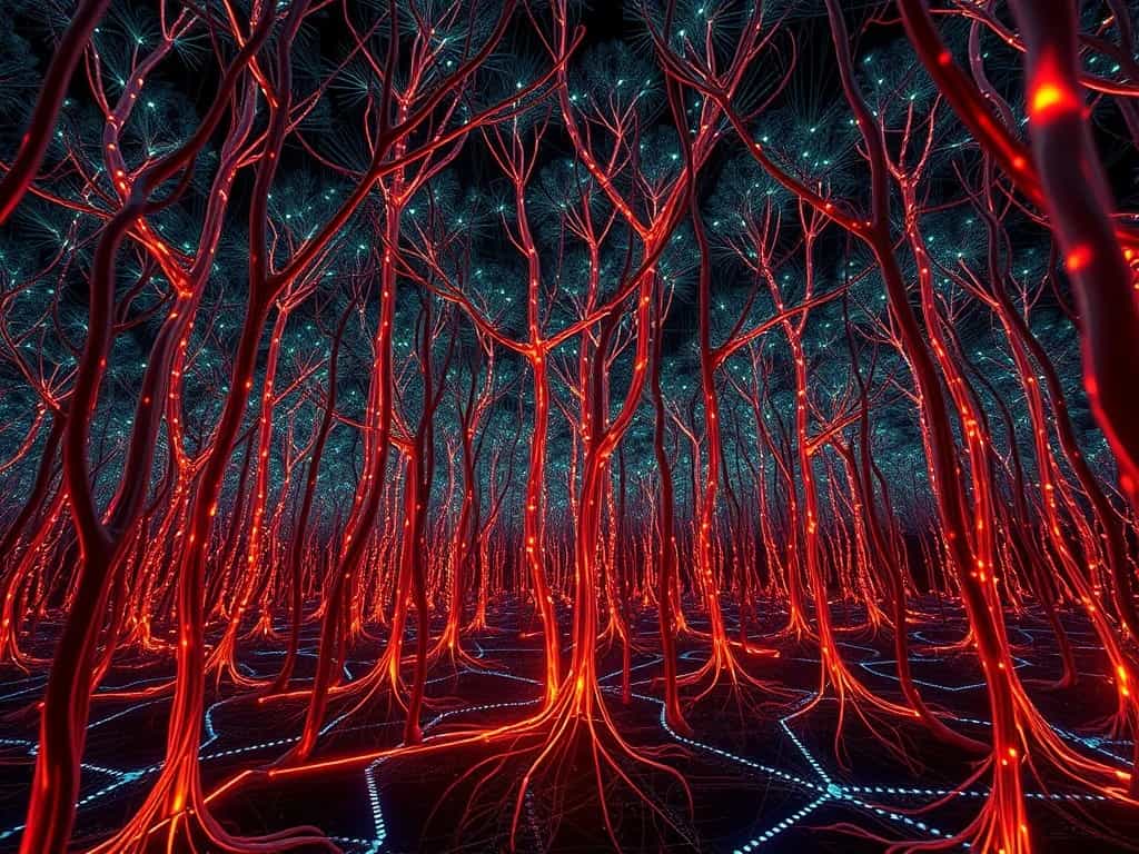 A forest of mechanical trees that process data through root networks made of fiber optic cables that pulse with binary code