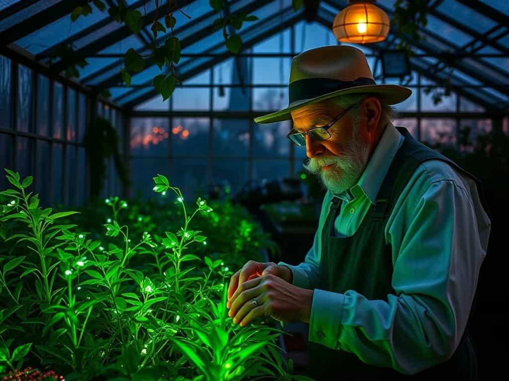 Elderly botanist tending to bioluminescent plants in a Victorian-era greenhouse at twilight