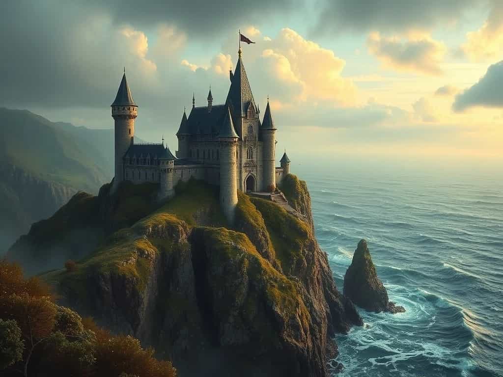 A fantasy castle perched on a cliff overlooking a stormy sea.