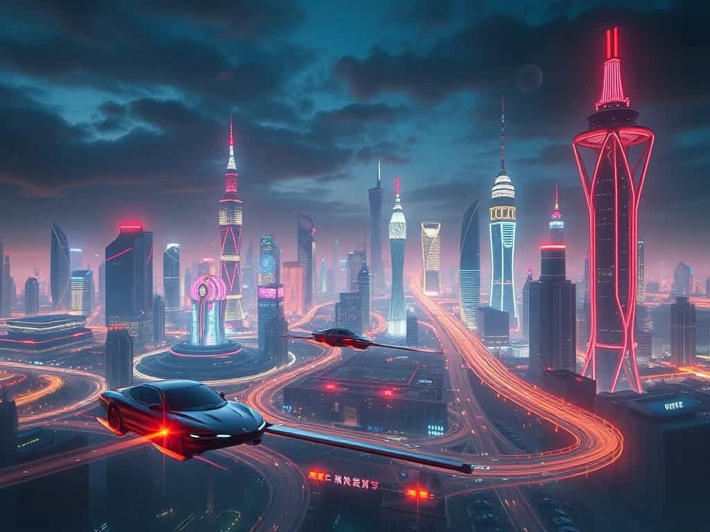 A futuristic city skyline with flying cars and neon lights at night
