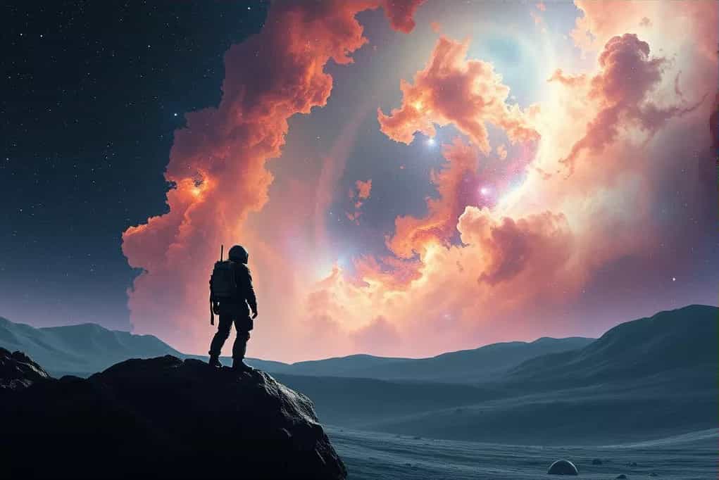 A space explorer standing on a distant planet, gazing at a colorful nebula