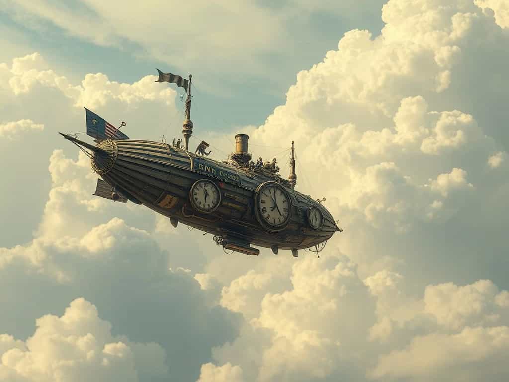 A steampunk airship sailing through a sky filled with clockwork clouds