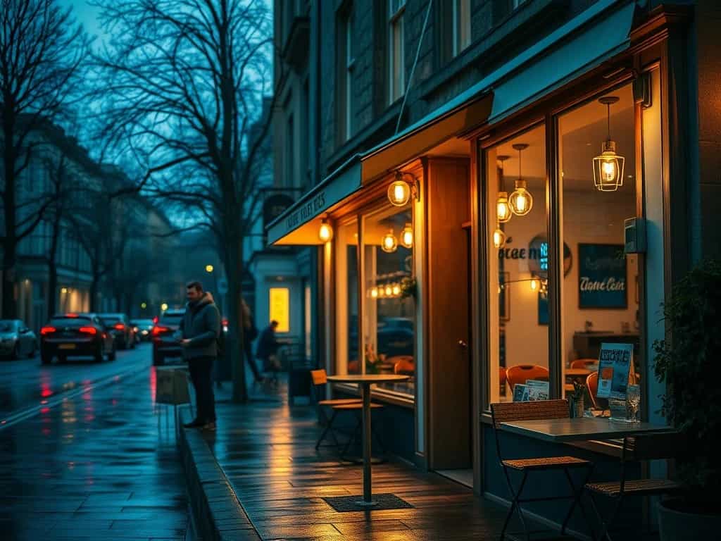 A cozy café on a rainy street, with warm lights glowing through the windows