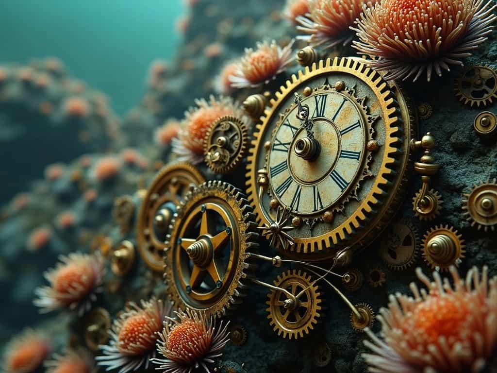 Time-worn clockwork mechanisms evolving into organic coral reefs, where gears spawn living creatures made of brass and steam