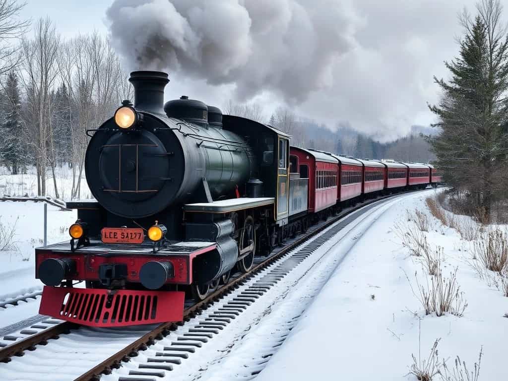 A vintage steam train traveling through a snowy landscape.