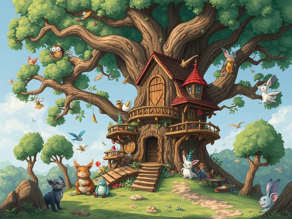 A whimsical treehouse nestled in a giant oak tree, surrounded by magical creatures