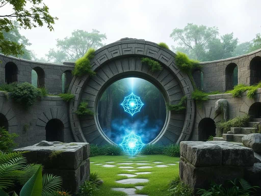 A mystical portal opening in an ancient stone circle, surrounded by lush greenery