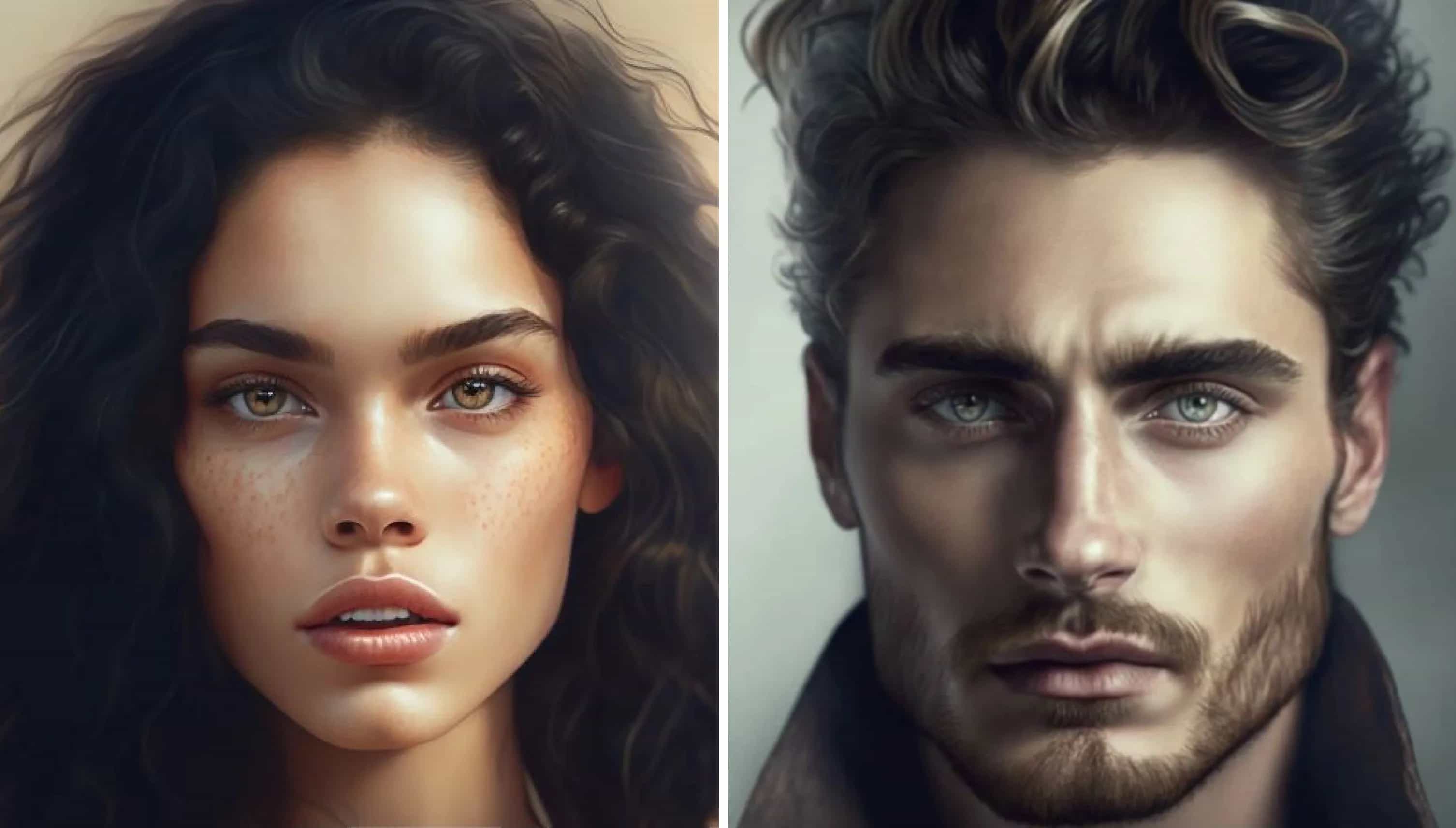 Side-by-side portrait of a woman with curly hair and freckles, and a man with sculpted features and tousled hair